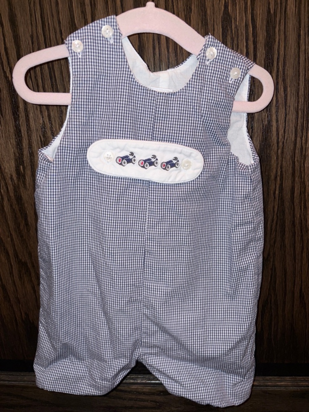 Navy Gingham Baby Romper with Car Applique